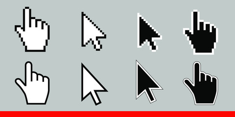 White arrow and pointer hand cursor icon set. Pixel and modern version of cursors signs. Symbols of direction and touch the links and press the buttons. Isolated on gray background vector illustration - obrazy, fototapety, plakaty