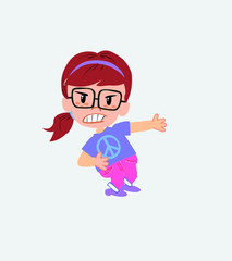 White girl with glasses shows very angry something to his left.