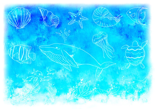 水彩 海の生き物 背景 Stock イラスト Adobe Stock