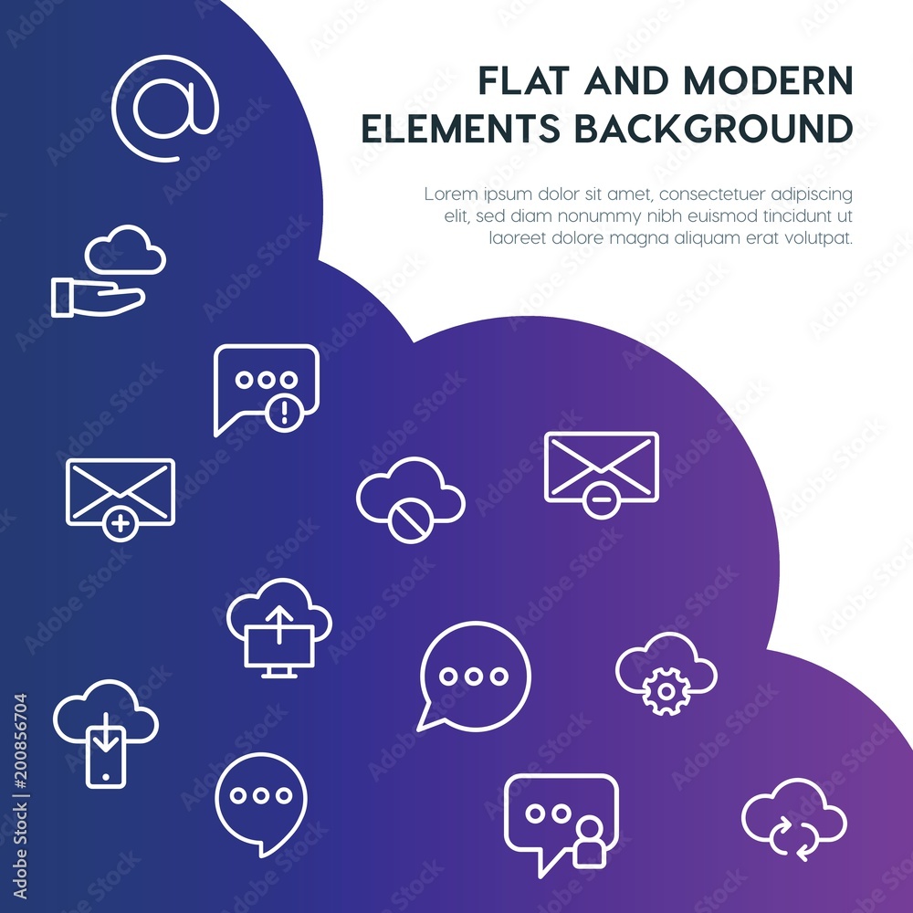 Poster cloud and networking, chat and messenger, email outline vector icons and elements background concept