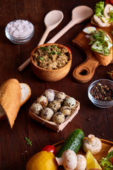 Breakfast still life with sandwiches, quail eggs, spicies and fresh fruits and vegetables, selective focus