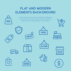 shopping outline vector icons and elements background concept on blue background...Multipurpose use on websites, presentations, brochures and more