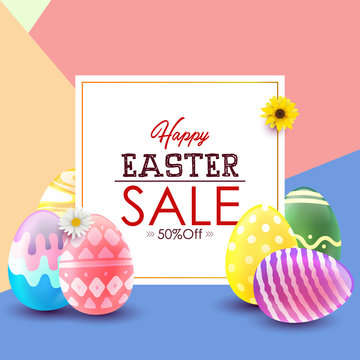 Easter sale banner background template with beautiful colorful flowers and eggs