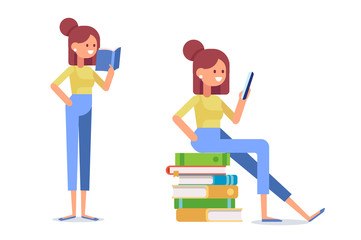 Woman reading a book. Cartoon flat vector illustration isolated on white background.