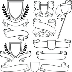 Heraldic ribbons and crest isolated. Outline monochrome coat of arms on white - obrazy, fototapety, plakaty