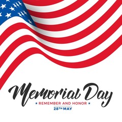 Memorial Day. USA Memorial Day card with lettering and waving flag of USA