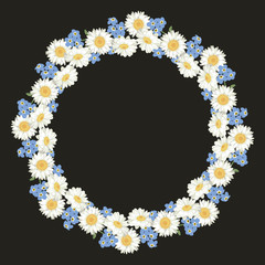 chamomile and forget me-not-flowers pattern on black background