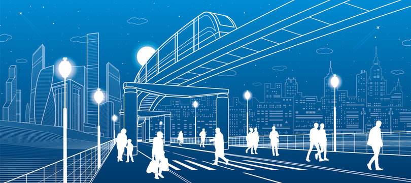 Infrastructure and transport panorama. Monorail railway. People walking at crosswalk. Train move. Illuminated street. Modern night city. Towers and skyscrapers. White lines. Vector design art