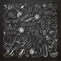 Chalkboard Organic Fruits and Vegetables Hand Drawn Doodles.
Corn,Potato,Mushroom,Olives,Tomato,Garlic,Ginger,Eggplant,Peas,Broccoli,Fig,Pear,Berries,Apricot,Papaya,Garlic,Beet,Carrot,Citrus,Lemon,Ho