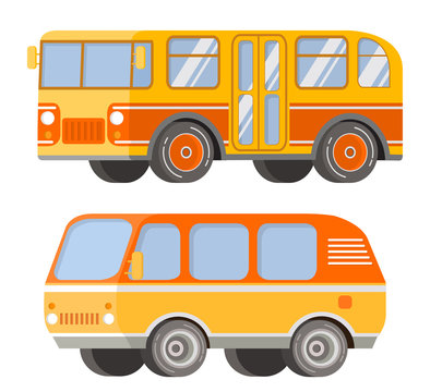 City passenger public transport. Retro vintage bus and tourist van. The vehicle for trips and travel. In flat a vector. An icon for the website.