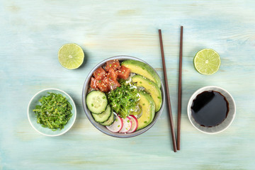Hawaiian tuna poke salad with wakame and copy space