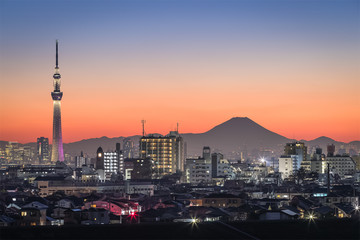 Tokyo night view , Tokyo Skytree landmark with Tokyo downtown building area and Mountain Fuji in winter season