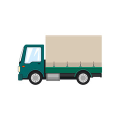 Green Small Covered Truck Isolated on White Background , Transport Delivery Services and Logistics, Shipping and Freight of Goods, Vector Illustration