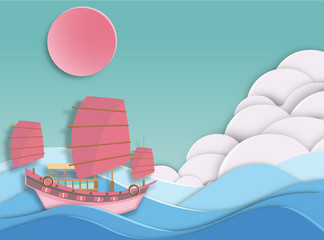 china boat floating on  beautiful sea background  paper cut style .candy color vector style.