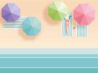 top view beach  with girl and umbrellas. aerial view of summer beach in paper art style.paper cut and candy color style.