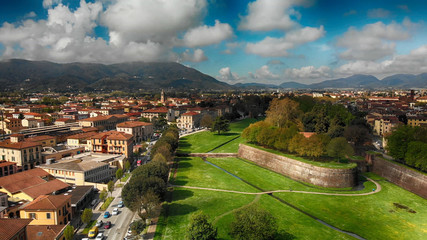 Aerial view of Lucca buildings, Tuscany - obrazy, fototapety, plakaty