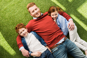 Fototapeta na wymiar top view of happy father with adorable little kids lying together on grass and smiling at camera