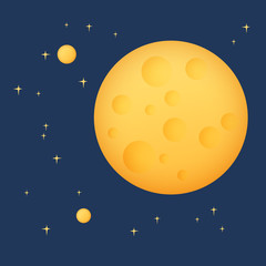 Planet in Space , Yellow Moon with Stars, Space Planet with Craters in the Universe, Vector Illustration