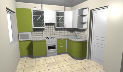 kitchen 3D rendering interior design white green