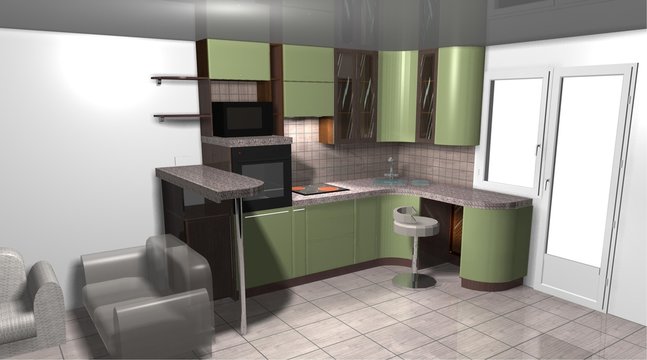 kitchen 3D rendering interior design green