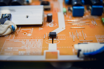 Circuit board. Electronic computer hardware technology. Motherboard digital chip. Tech science background. Integrated communication processor. Information engineering component.