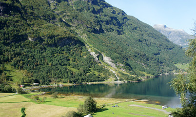 View of the Geiranger fjord and valley, beautiful norwegian nature, sunny day, Norway