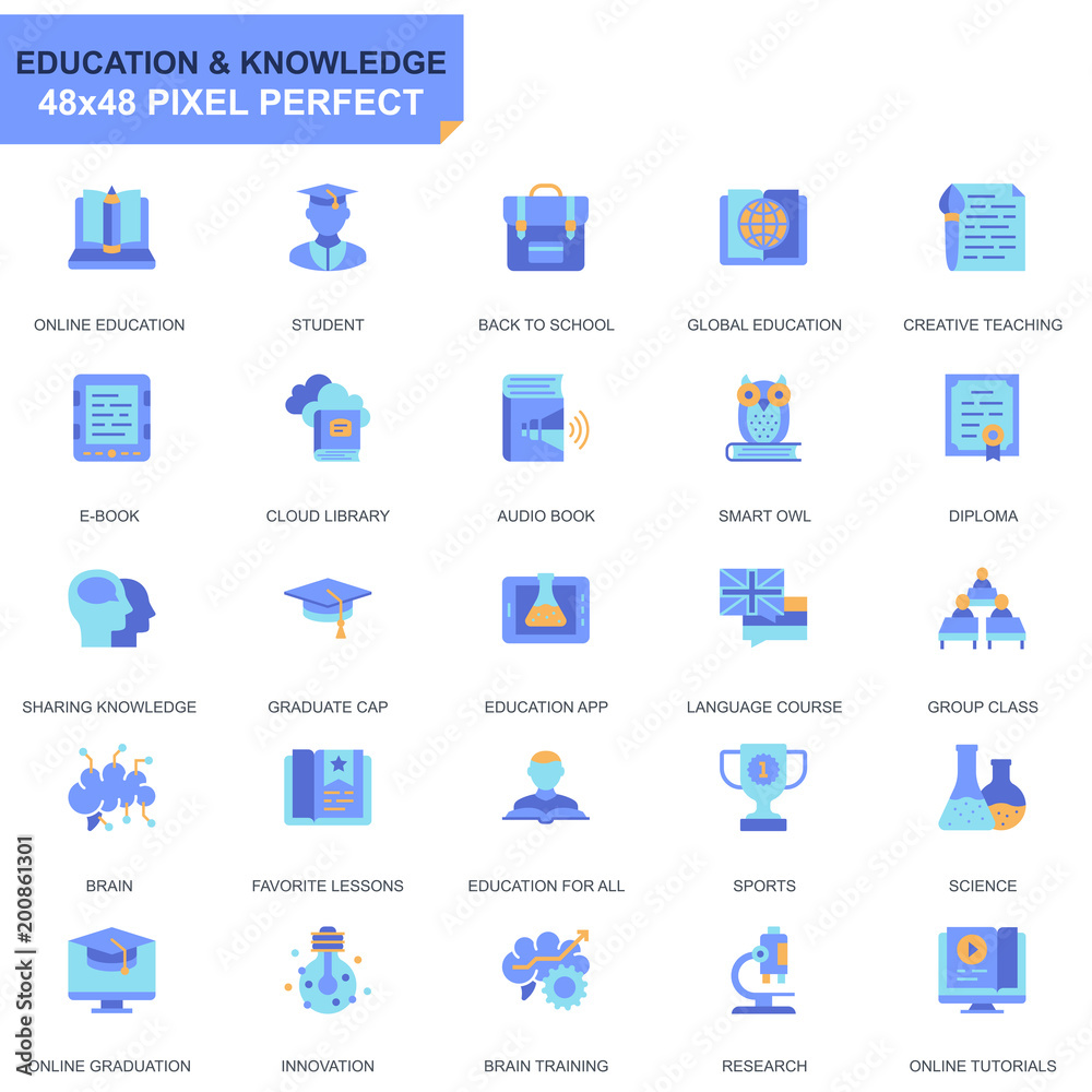 Poster Simple Set Education and Knowledge Flat Icons for Website and Mobile Apps. Contains such Icons as Studying, School, Graduation, E-Book. 48x48 Pixel Perfect. Editable Stroke. Vector illustration.
