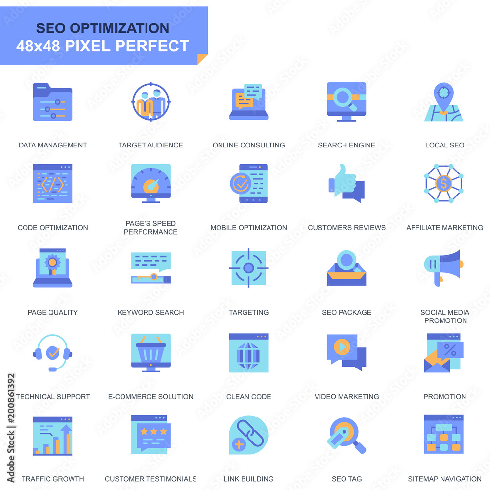 Leinwandbilder simple set seo and web optimization flat icons for website and mobile apps. contains such icons as t