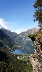 Scenic view of the Geiranger fjord, beautiful norwegian nature, sunny day, Norway