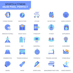 Simple Set Sport and Fitness Flat Icons for Website and Mobile Apps. Contains such Icons as Fit Body, Swimming, Fitness App, Supplements. 48x48 Pixel Perfect. Editable Stroke. Vector illustration.
