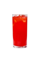 Single-colored, red cocktail in a glass with ice from grapefruit, tomato, strawberry. Isolated white background. Side view. Drink for the menu restaurant, bar, cafe