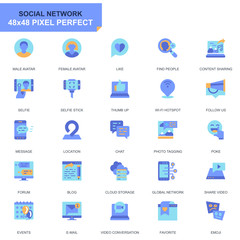 Simple Set Social Media and Network Flat Icons for Website and Mobile Apps. Contains such Icons as Avatar, Blogging, Selfie, Friendship. 48x48 Pixel Perfect. Editable Stroke. Vector illustration.