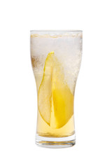 A single-colored, yellow, transparent cocktail in a high glass with crushed ice frappe and pear-lobules. Side view. Isolated white background. Drink for the menu restaurant, bar, cafe