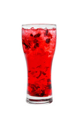 One-color, red, clear cocktail, cold tea in a tall glass with crushed ice of frappe and berries. Side view. Isolated white background. Drink for the menu restaurant, bar, cafe