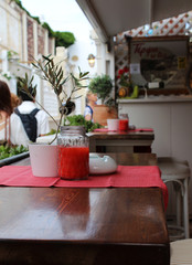 Aesthetic table centre piece in an outdoor cafe