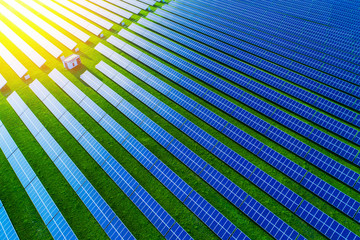 Solar energy farm. High angle view of solar panels on an energy farm