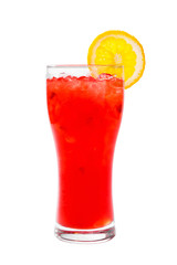 Single-colored, red opaque cocktail, cold tea in a high glass with crushed ice frappe with a taste of grapefruit, tomato, berries, strawberries. Side view. Isolated white background. Drink for the