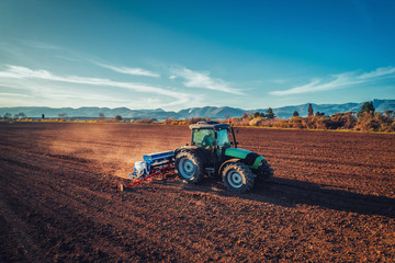 Fototapeta premium Farmer with tractor seeding crops at field