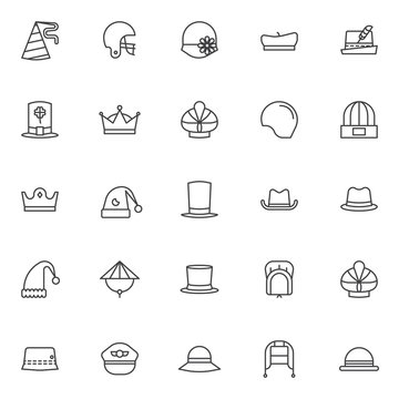 Headdress accessories outline icons set. linear style symbols collection, line signs pack. vector graphics. Set includes icons as american football helmet, women's hat bowler, painter beret, german