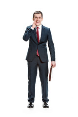 Obraz premium Full body portrait of businessman with folder on white