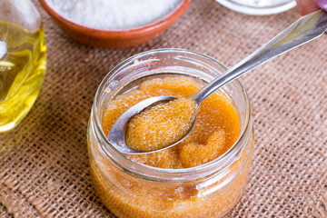 Pike caviar in a glass jar on the table