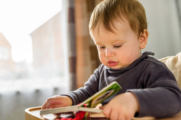 Indoor portrait of baby playing reading first child book