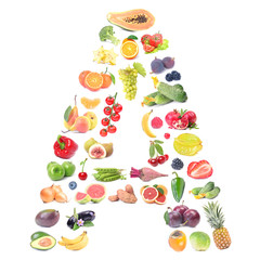 Letter A made of fruits and vegetables on a white background