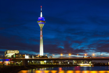 Dusseldorf - Germany. night scene includes media tower and bridge on Rhine river