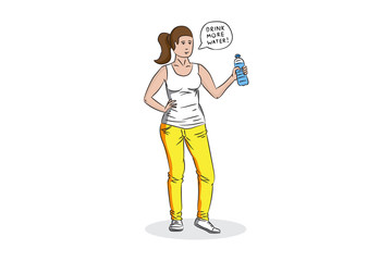 Young girl with water bottle vector illustration. Hand drawn female with plastic bottle of water graphic design.