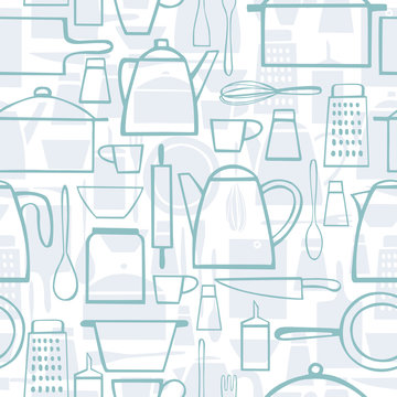 Kitchen tools for cooking. Vector seamless pattern