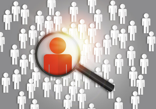Searching for the best job candidate and people finder concept looking for the right person to stand out from the crowd.  Top pick and best choice for fitting the skillset that HR is looking for.