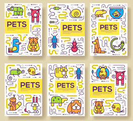 Animal vector brochure cards thin line set. Cute home pets template of flyear, magazines, posters, book cover, banners. Layout domestic wildlife  outline illustrations modern pages