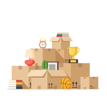 Moving with boxes to new home. Pile of stacked cardboard boxes. Vector stock illustration in flat style isolated on white background