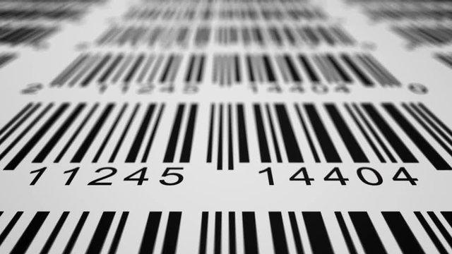 Close-up view on red laser is scanning label with barcode on product. 3D rendered illustration.